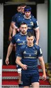 7 May 2022; Leinster captain Jonathan Sexton leads out his team before the Heineken Champions Cup Quarter-Final match between Leicester Tigers and Leinster at Mattoli Woods Welford Road Stadium in Leicester, England. Photo by Harry Murphy/Sportsfile
