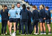 7 May 2022; Dublin manager Mick Bohan speaks to his players before the TG4 Leinster Senior Ladies Football Championship Round 2 match between Dublin and Meath at Parnell Park in Dublin. Photo by Sam Barnes/Sportsfile