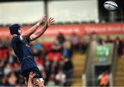 7 May 2022; James Ryan of Leinster wins possession in the lineout during the Heineken Champions Cup Quarter-Final match between Leicester Tigers and Leinster at Mattoli Woods Welford Road Stadium in Leicester, England. Photo by Harry Murphy/Sportsfile