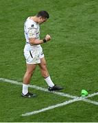 7 May 2022; Thomas Ramos of Toulouse celebrates a successful kick during the 'place kick competition' to decide the winner of the Heineken Champions Cup Quarter-Final match between Munster and Toulouse at Aviva Stadium in Dublin. Photo by Ramsey Cardy/Sportsfile