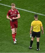 7 May 2022; Ben Healy of Munster after an unsuccessful kick during the 'place kick competition' to decide the winner of the Heineken Champions Cup Quarter-Final match between Munster and Toulouse at Aviva Stadium in Dublin. Photo by Ramsey Cardy/Sportsfile
