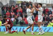 7 May 2022; Matthis Lebel and Romain Ntamack of Toulouse celebrate alongside a dejected Joey Carbery of Munster after the Heineken Champions Cup Quarter-Final match between Munster and Toulouse at Aviva Stadium in Dublin. Photo by Brendan Moran/Sportsfile