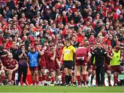 7 May 2022; Munster players and staff react after teammate Ben Healy missed a second kick in the 'place kick' competition during the Heineken Champions Cup Quarter-Final match between Munster and Toulouse at Aviva Stadium in Dublin. Photo by Brendan Moran/Sportsfile