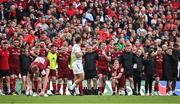 7 May 2022; Munster players and staff line up as teammate Ben Healy lines up his second kick in the 'place kick' competition during the Heineken Champions Cup Quarter-Final match between Munster and Toulouse at Aviva Stadium in Dublin. Photo by Brendan Moran/Sportsfile