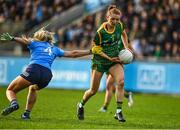 7 May 2022; Aoibheann Leahy of Meath in action against Ellen Gribben of Dublin during the TG4 Leinster Senior Ladies Football Championship Round 2 match between Dublin and Meath at Parnell Park in Dublin. Photo by Sam Barnes/Sportsfile