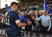 7 May 2022; Joe McCarthy of Leinster embraces with his father Joe and mother Paula after making his Champions Cup debut in the Heineken Champions Cup Quarter-Final match between Leicester Tigers and Leinster at Mattoli Woods Welford Road Stadium in Leicester, England. Photo by Harry Murphy/Sportsfile