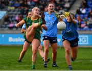 7 May 2022; Emma White of Meath has her shot blocked by Ellen Gribben of Dublin during the TG4 Leinster Senior Ladies Football Championship Round 2 match between Dublin and Meath at Parnell Park in Dublin. Photo by Sam Barnes/Sportsfile