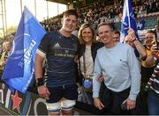 7 May 2022; Joe McCarthy of Leinster his father Joe and mother Paula after making his Champions Cup debut in the Heineken Champions Cup Quarter-Final match between Leicester Tigers and Leinster at Mattoli Woods Welford Road Stadium in Leicester, England. Photo by Harry Murphy/Sportsfile