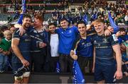 7 May 2022; Caelan Doris and Tommy O'Brien of Leinster with Leinster supporters after their side's victory in the Heineken Champions Cup Quarter-Final match between Leicester Tigers and Leinster at Mattoli Woods Welford Road Stadium in Leicester, England. Photo by Harry Murphy/Sportsfile