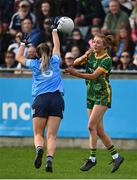 7 May 2022; Aoibheann Leahy of Meath in action against Martha Byrne of Dublin during the TG4 Leinster Senior Ladies Football Championship Round 2 match between Dublin and Meath at Parnell Park in Dublin. Photo by Sam Barnes/Sportsfile