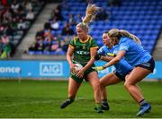 7 May 2022; Emma White of Meath in action against Ellen Gribben, right, and Martha Byrne of Dublin during the TG4 Leinster Senior Ladies Football Championship Round 2 match between Dublin and Meath at Parnell Park in Dublin. Photo by Sam Barnes/Sportsfile