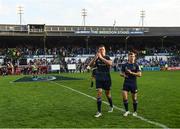7 May 2022; James Ryan and Luke McGrath of Leinster applaud supporters after their side's victory in the Heineken Champions Cup Quarter-Final match between Leicester Tigers and Leinster at Mattoli Woods Welford Road Stadium in Leicester, England. Photo by Harry Murphy/Sportsfile