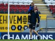 7 May 2022; Leinster head coach Leo Cullen with his son Con after his side's victory in the Heineken Champions Cup Quarter-Final match between Leicester Tigers and Leinster at Mattoli Woods Welford Road Stadium in Leicester, England. Photo by Harry Murphy/Sportsfile