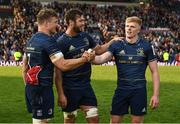 7 May 2022; Leinster players, from left, Josh van der Flier, Caelan Doris and Tommy O'Brien after his side's victory in the Heineken Champions Cup Quarter-Final match between Leicester Tigers and Leinster at Mattoli Woods Welford Road Stadium in Leicester, England. Photo by Harry Murphy/Sportsfile