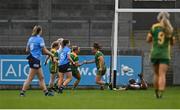 7 May 2022; Emma Duggan of Meath, centre, celebrates after scoring her side's first goal during the TG4 Leinster Senior Ladies Football Championship Round 2 match between Dublin and Meath at Parnell Park in Dublin. Photo by Sam Barnes/Sportsfile