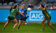 7 May 2022; Caoimhe O'Connor of Dublin in action against Aoibhín Cleary, left, and Niamh Gallogly of Meath during the TG4 Leinster Senior Ladies Football Championship Round 2 match between Dublin and Meath at Parnell Park in Dublin. Photo by Sam Barnes/Sportsfile