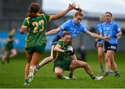 7 May 2022; Aoibhín Cleary of Meath in action against Lauren Magee of Dublin during the TG4 Leinster Senior Ladies Football Championship Round 2 match between Dublin and Meath at Parnell Park in Dublin. Photo by Sam Barnes/Sportsfile