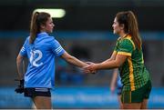 7 May 2022; Kate Sullivan of Dublin and Shauna Ennis of Meath shakes hands after the TG4 Leinster Senior Ladies Football Championship Round 2 match between Dublin and Meath at Parnell Park in Dublin. Photo by Sam Barnes/Sportsfile