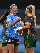 7 May 2022; Siobhan Killeen of Dublin and Meath goalkeeper Monica McGuirk shake hands after the TG4 Leinster Senior Ladies Football Championship Round 2 match between Dublin and Meath at Parnell Park in Dublin. Photo by Sam Barnes/Sportsfile
