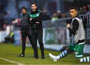29 April 2022; Shamrock Rovers manager Stephen Bradley alonside Graham Burke, right, during the SSE Airtricity League Premier Division match between Sligo Rovers and Shamrock Rovers at The Showgrounds in Sligo. Photo by Piaras Ó Mídheach/Sportsfile