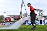 29 April 2022; Colm McGowan, member of the Sligo County Fire Brigade, waters the pitch before the SSE Airtricity League Premier Division match between Sligo Rovers and Shamrock Rovers at The Showgrounds in Sligo. Photo by Piaras Ó Mídheach/Sportsfile