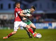 29 April 2022; Andy Lyons of Shamrock Rovers in action against Adam McDonnell of Sligo Rovers during the SSE Airtricity League Premier Division match between Sligo Rovers and Shamrock Rovers at The Showgrounds in Sligo. Photo by Piaras Ó Mídheach/Sportsfile