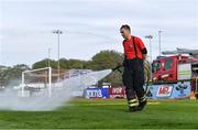 29 April 2022; Colm McGowan, member of the Sligo County Fire Brigade, waters the pitch before the SSE Airtricity League Premier Division match between Sligo Rovers and Shamrock Rovers at The Showgrounds in Sligo. Photo by Piaras Ó Mídheach/Sportsfile
