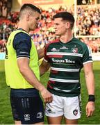7 May 2022; Jonathan Sexton of Leinster speaks with Freddie Burns of Leicester Tigers after the Heineken Champions Cup Quarter-Final match between Leicester Tigers and Leinster at Mattoli Woods Welford Road Stadium in Leicester, England. Photo by Harry Murphy/Sportsfile