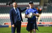 7 May 2022; Recently retired Leinster player Dan Leavy with Leinster head of rugby operations Guy Easterby during the Heineken Champions Cup Quarter-Final match between Leicester Tigers and Leinster at Mattoli Woods Welford Road Stadium in Leicester, England. Photo by Harry Murphy/Sportsfile