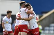 8 May 2022; Eoin Montgomery, right, and Steve Donaghy of Tyrone embrace after their side's victory in the EirGrid GAA Football All-Ireland U20 Championship Semi-Final match between Kerry and Tyrone at MW Hire O'Moore Park in Portlaoise, Laois. Photo by Harry Murphy/Sportsfile