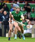 8 May 2022; Sean Finn of Limerick is tackled by Conor Bowe of Tipperary during the Munster GAA Hurling Senior Championship Round 3 match between Limerick and Tipperary at TUS Gaelic Grounds in Limerick. Photo by Ray McManus/Sportsfile