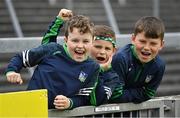 8 May 2022; Limerick supporters Mikey Tierney, left, nine years, brothers Joey, 7, and Danny Liston, 10, before the Munster GAA Hurling Senior Championship Round 3 match between Limerick and Tipperary at TUS Gaelic Grounds in Limerick. Photo by Ray McManus/Sportsfile