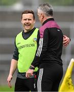 8 May 2022; Leitrim manager Andy Moran, left, and Galway manager Padraic Joyce at teh final whistle of the Connacht GAA Football Senior Championship Semi-Final match between Galway and Leitrim at Pearse Stadium in Galway. Photo by Brendan Moran/Sportsfile