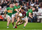8 May 2022; Seán Kelly of Galway is tackled by Leitrim players, from left, Riordan O'Rourke, David Bruen and Donal Casey during the Connacht GAA Football Senior Championship Semi-Final match between Galway and Leitrim at Pearse Stadium in Galway. Photo by Brendan Moran/Sportsfile
