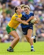 8 May 2022; Aisling Gilsenan of Cavan in action against Nicole McLaughlin of Donegal during the Ulster Ladies Football Senior Championship Semi-Final match between Cavan and Donegal at St Tiernach's Park in Clones, Monaghan. Photo by Piaras Ó Mídheach/Sportsfile