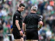 8 May 2022; Referee Liam Gordon consults with linesman and standby referee Sean Stack during the Munster GAA Hurling Senior Championship Round 3 match between Limerick and Tipperary at TUS Gaelic Grounds in Limerick. Photo by Ray McManus/Sportsfile