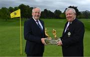 10 May 2022; The 60th edition of the prestigious All-Ireland Father & Son Foursomes competition will take place at Castle Golf Club, Rathfarnham, Dublin in July, sponsored by Dawson Jewellers. Qualifying rounds for this year’s tournament take place on Saturday 2nd and Sunday 3rd July with matches taking place over the following week culminating in the final on Sunday 10th July. Visit www.castlegc.ie to reserve your preferred time with online booking opening on Monday 16th July @ 10am. Pictured are Sponsor and owner of Dawson Jewellers Ken McDonagh, left, and Castle Golf Club captain Declan Allen, with the Castle Golf Club Father and Son Perpetual Trophy at at Castle Golf Club, Rathfarnham in Dublin. Photo by Sam Barnes/Sportsfile