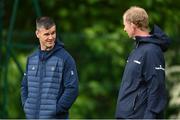 9 May 2022; Jonathan Sexton speaks with head coach Leo Cullen during a Leinster rugby squad training session at UCD in Dublin. Photo by Harry Murphy/Sportsfile
