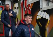 9 May 2022; Darragh Burns of St Patrick's Athletic and St Patrick's Athletic technical director Alan Matthews before the SSE Airtricity League Premier Division match between Derry City and St Patrick's Athletic at The Ryan McBride Brandywell Stadium in Derry. Photo by Ramsey Cardy/Sportsfile