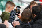 9 May 2022; Shamrock Rovers manager Stephen Bradley take a selfie with a supporter before the SSE Airtricity League Premier Division match between Shamrock Rovers and Sligo Rovers at Tallaght Stadium in Dublin. Photo by Harry Murphy/Sportsfile
