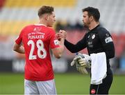 9 May 2022; Sligo Rovers goalkeeper Richard Brush, right, and Nando Pijnaker embrace before the SSE Airtricity League Premier Division match between Shamrock Rovers and Sligo Rovers at Tallaght Stadium in Dublin. Photo by Harry Murphy/Sportsfile