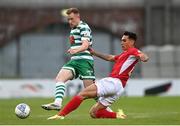 9 May 2022; Sean Hoare of Shamrock Rovers is tackled by Max Mata of Sligo Rovers during the SSE Airtricity League Premier Division match between Shamrock Rovers and Sligo Rovers at Tallaght Stadium in Dublin. Photo by Harry Murphy/Sportsfile