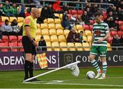 9 May 2022; Jack Byrne of Shamrock Rovers prepares to take a corner as the corner flag blows in the wind during the SSE Airtricity League Premier Division match between Shamrock Rovers and Sligo Rovers at Tallaght Stadium in Dublin. Photo by Harry Murphy/Sportsfile
