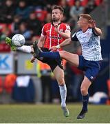 9 May 2022; Cameron Dummigan of Derry City in action against Eoin Doyle of St Patrick's Athletic during the SSE Airtricity League Premier Division match between Derry City and St Patrick's Athletic at The Ryan McBride Brandywell Stadium in Derry. Photo by Ramsey Cardy/Sportsfile