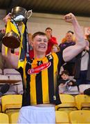 9 May 2022; Kilkenny captain Padraig Moylan lifts the cup after his side's victory in the oneills.com Leinster GAA Hurling U20 Championship Final match between Wexford and Kilkenny at Netwatch Cullen Park in Carlow. Photo by Piaras Ó Mídheach/Sportsfile