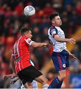 9 May 2022; Joe Thomson of Derry City and Adam O'Reilly of St Patrick's Athletic during the SSE Airtricity League Premier Division match between Derry City and St Patrick's Athletic at The Ryan McBride Brandywell Stadium in Derry. Photo by Ramsey Cardy/Sportsfile