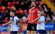 9 May 2022; Will Patching of Derry City reacts to a missed chance during the SSE Airtricity League Premier Division match between Derry City and St Patrick's Athletic at The Ryan McBride Brandywell Stadium in Derry. Photo by Ramsey Cardy/Sportsfile