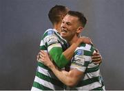 9 May 2022; Graham Burke, left, of Shamrock Rovers celebrates with teammate Andy Lyons after scoring their side's second goal during the SSE Airtricity League Premier Division match between Shamrock Rovers and Sligo Rovers at Tallaght Stadium in Dublin. Photo by Harry Murphy/Sportsfile