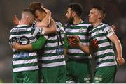 9 May 2022; Graham Burke, 10, of Shamrock Rovers celebrates with teammate Jack Byrne, left, after scoring his and his side's third goal during the SSE Airtricity League Premier Division match between Shamrock Rovers and Sligo Rovers at Tallaght Stadium in Dublin. Photo by Harry Murphy/Sportsfile