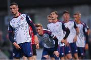 9 May 2022; Kyle Robinson and his St Patrick's Athletic teammates prepare to defend a corner-kick during the SSE Airtricity League Premier Division match between Derry City and St Patrick's Athletic at The Ryan McBride Brandywell Stadium in Derry. Photo by Ramsey Cardy/Sportsfile